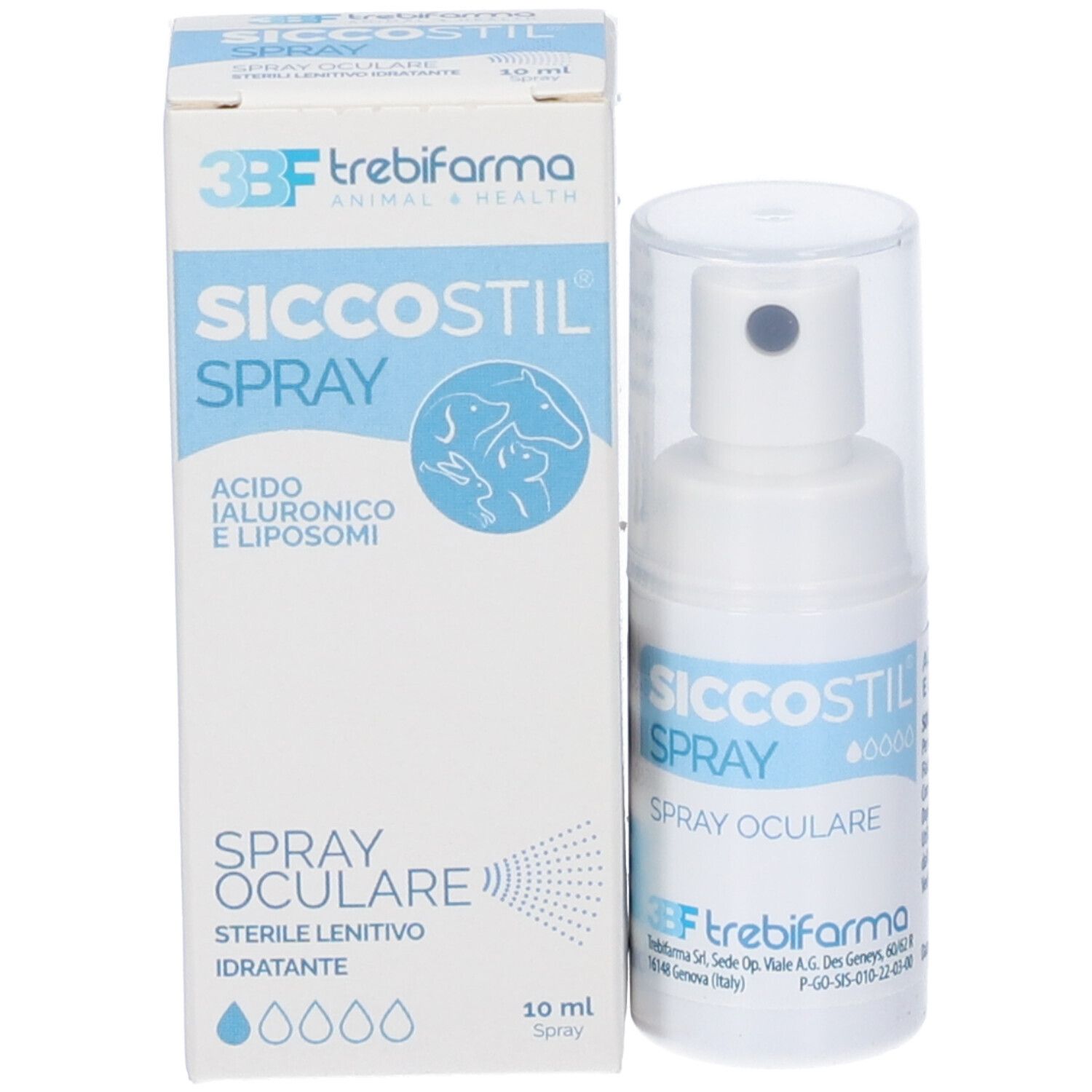 Confezione e flacone spray. Scritta: SICCOSTIL SPRAY, ACIDO IALURONICO E LIPOSOMI. Marchio: 3BF trebifarma.