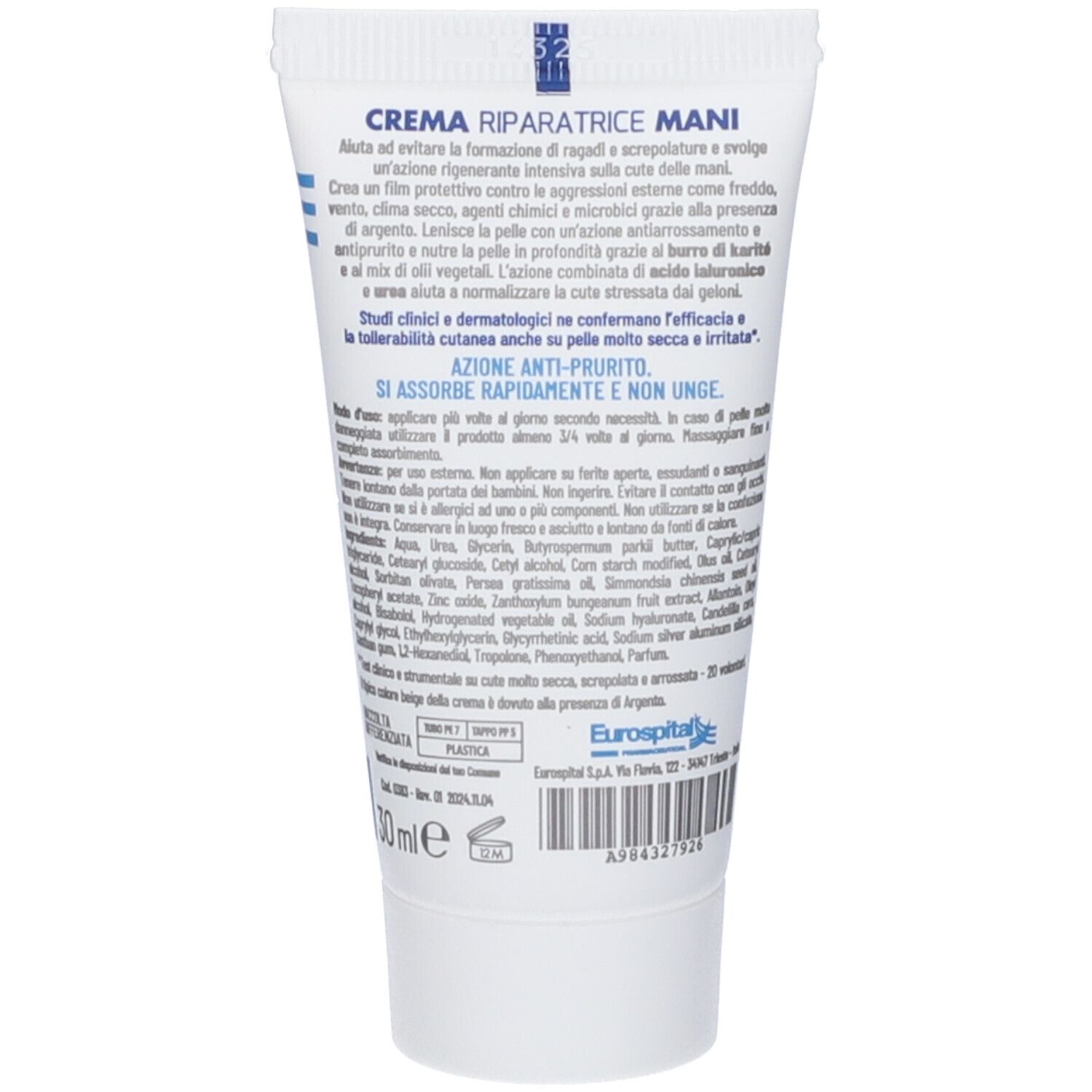 Retro del tubo bianco. Testo in italiano. Marchio Eurospital. Ingredienti e istruzioni per l'uso.