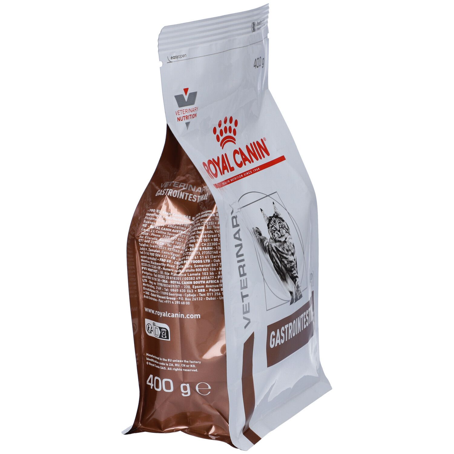 Vista obliqua della confezione. Confezione bianca e marrone con testo e logo. Scritta: ROYAL CANIN, Gastrointestinal, 400 g.