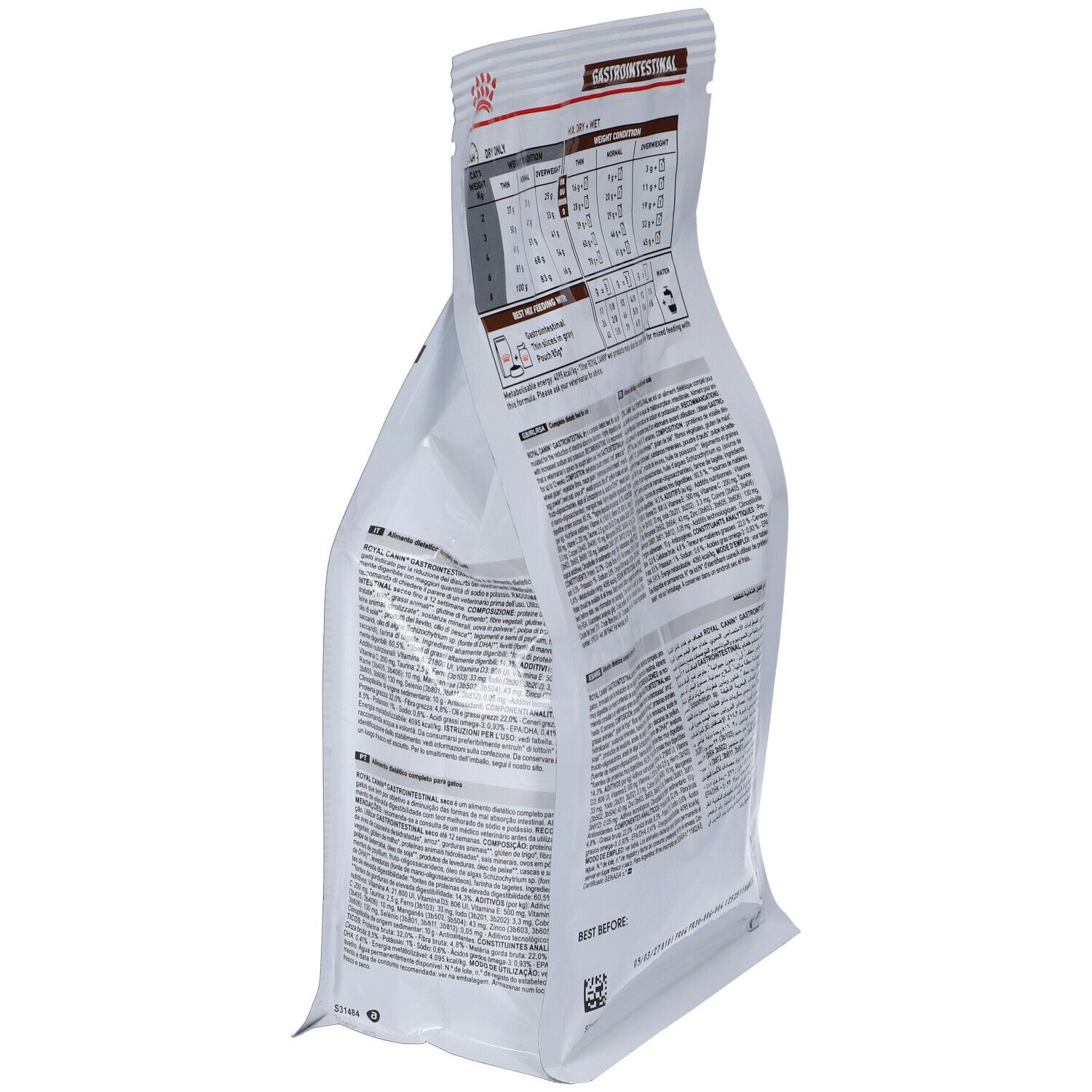 Retro della confezione. Bianco con testo e loghi. Contiene informazioni e valori nutrizionali. Scritta: ROYAL CANIN, 400 g.