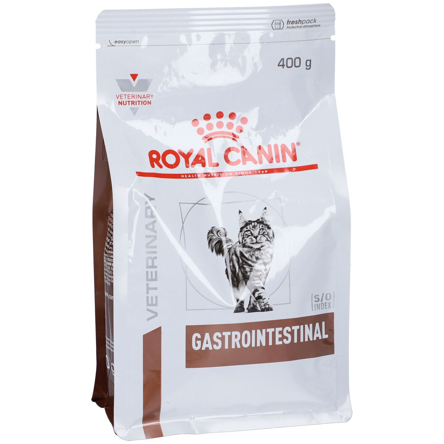 Confezione bianca con immagine e testo. Scritta: ROYAL CANIN Gastrointestinal, 400 g. Logo Veterinary Nutrition.