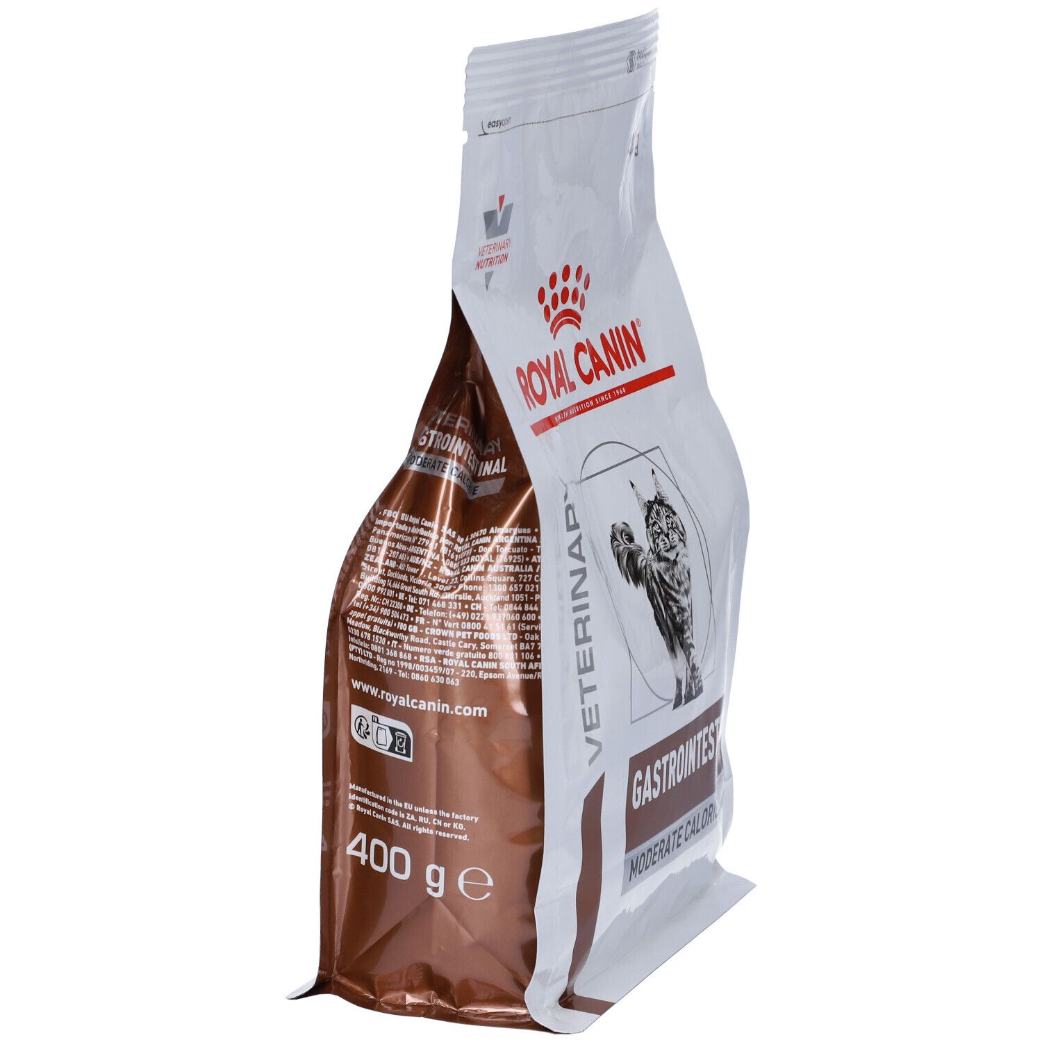 Sacchetto, vista laterale. Stampa: ROYAL CANIN, gatto, GASTROINTESTINAL, MODERATE CALORIE. 400 g. Lati marroni.