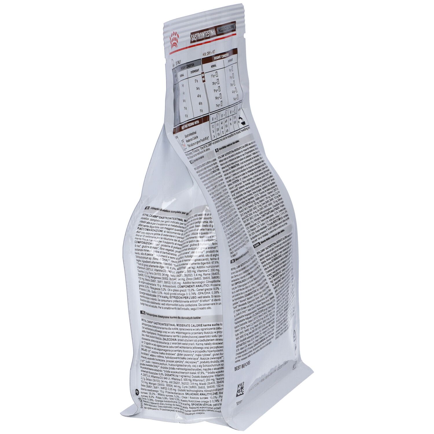 Sacchetto, vista obliqua del retro. Testo con informazioni nutrizionali e ingredienti. Stampa: ROYAL CANIN.