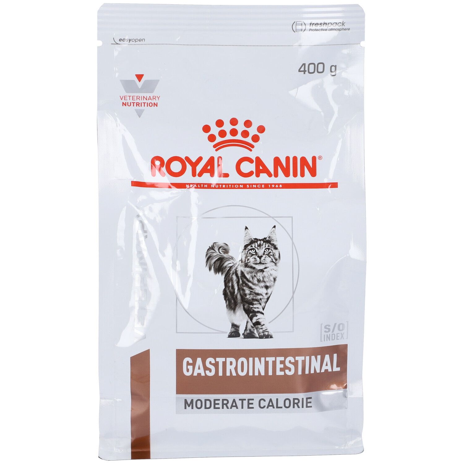 Sacchetto bianco con nome del prodotto. Stampa: ROYAL CANIN, gatto, GASTROINTESTINAL, MODERATE CALORIE. 400 g.