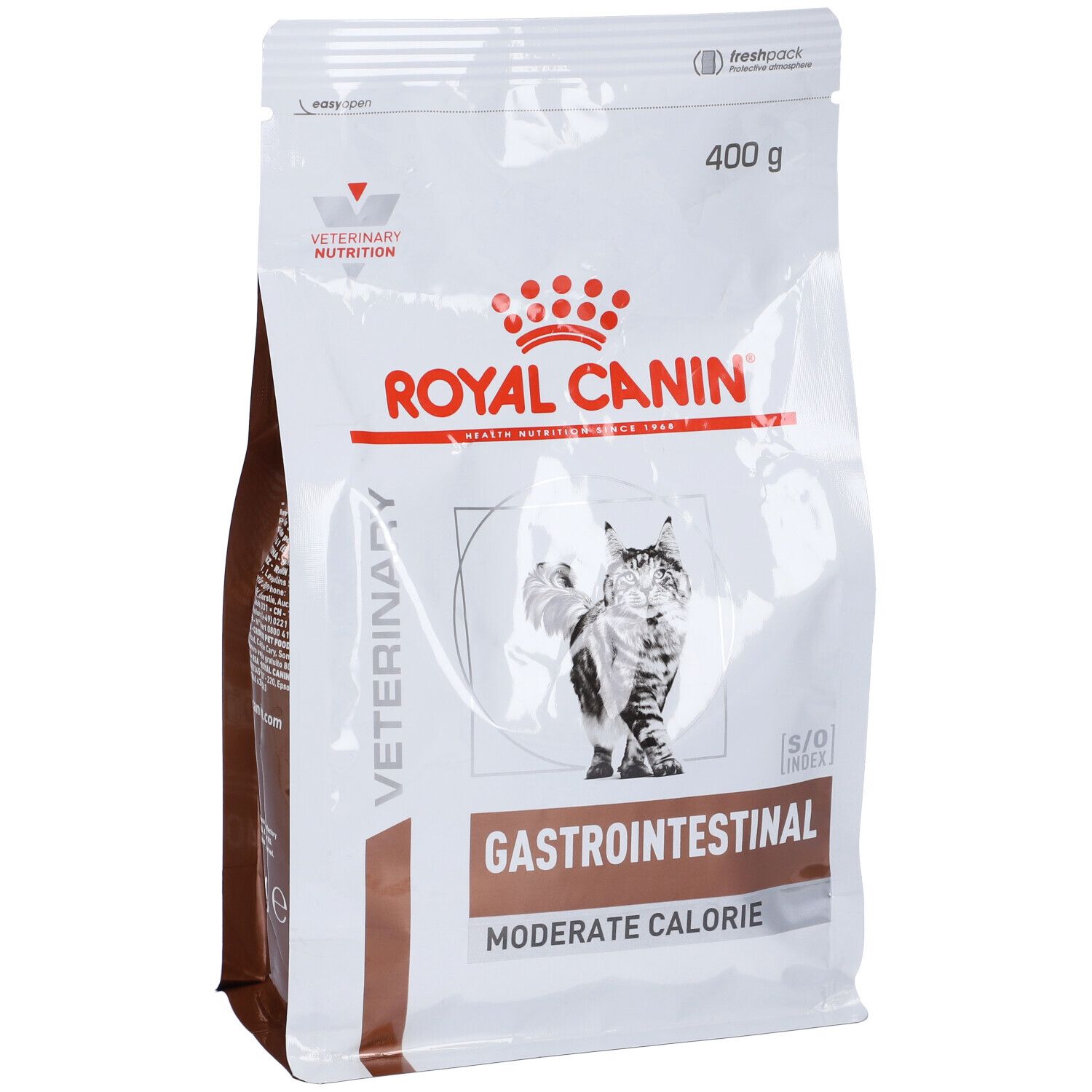 Sacchetto bianco con nome del prodotto. Stampa: ROYAL CANIN, gatto, GASTROINTESTINAL, MODERATE CALORIE. 400 g.