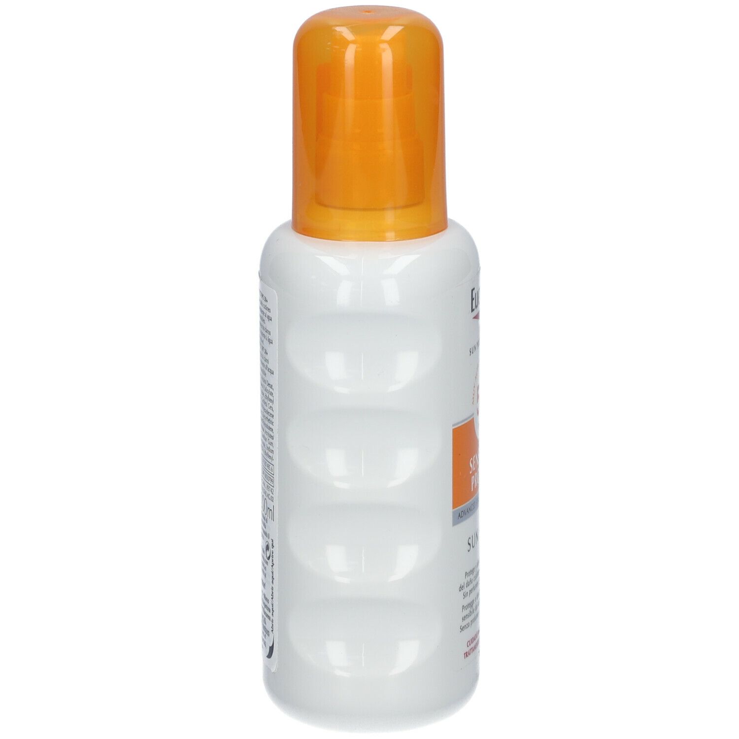 Flacone spray bianco con tappo arancione. Design scanalato laterale. Testo sul flacone.