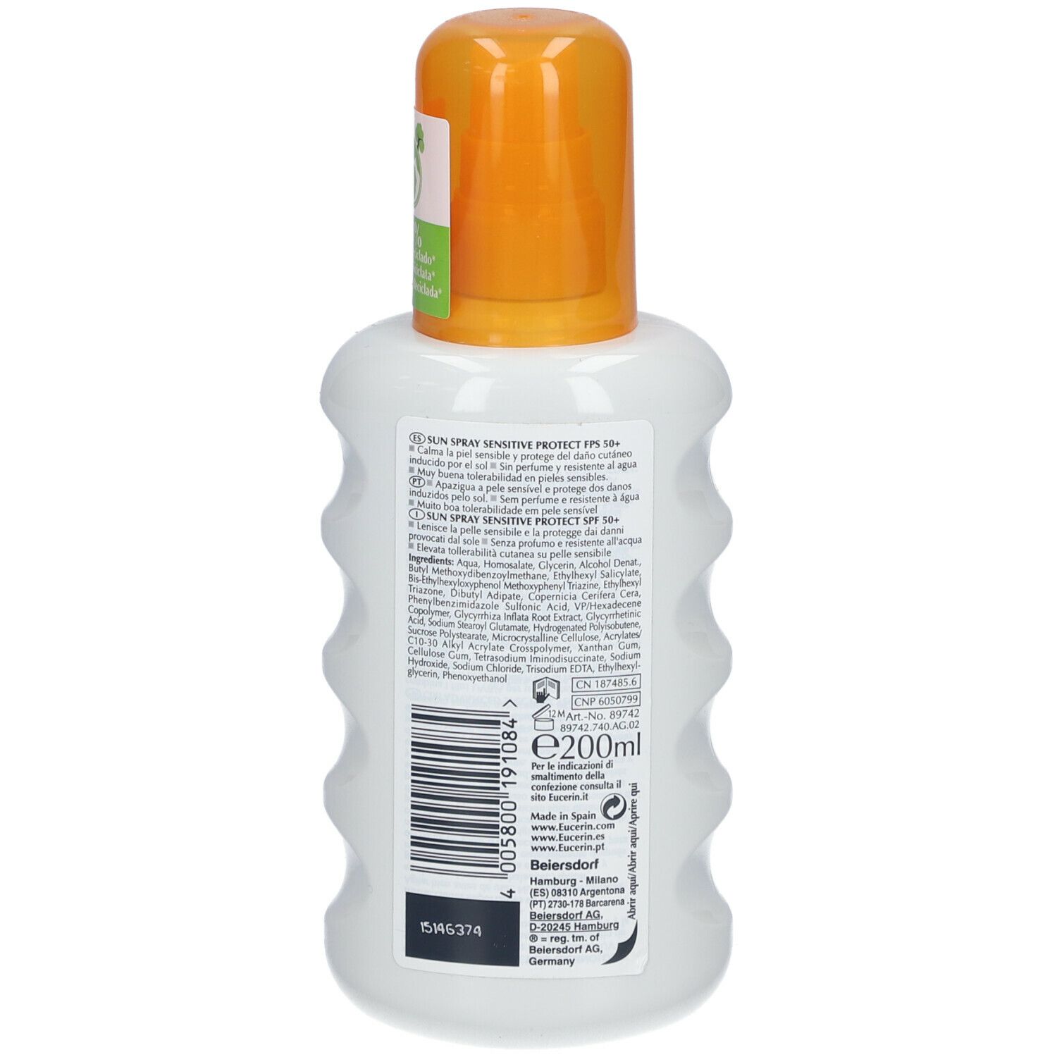 Retro del flacone spray bianco con tappo arancione. Testo e codice a barre. Volume: 200 ml.