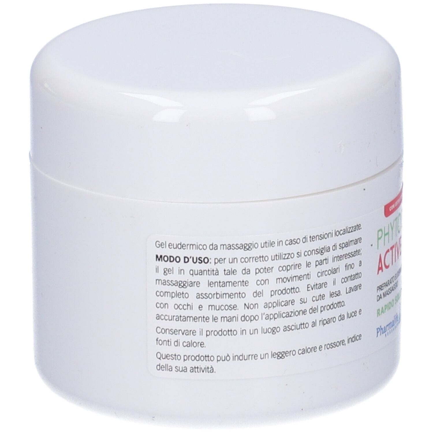 Vasetto bianco con testo. Testo sull'uso. Con estratti vegetali e oli essenziali. Produttore: Pharmalife Research.