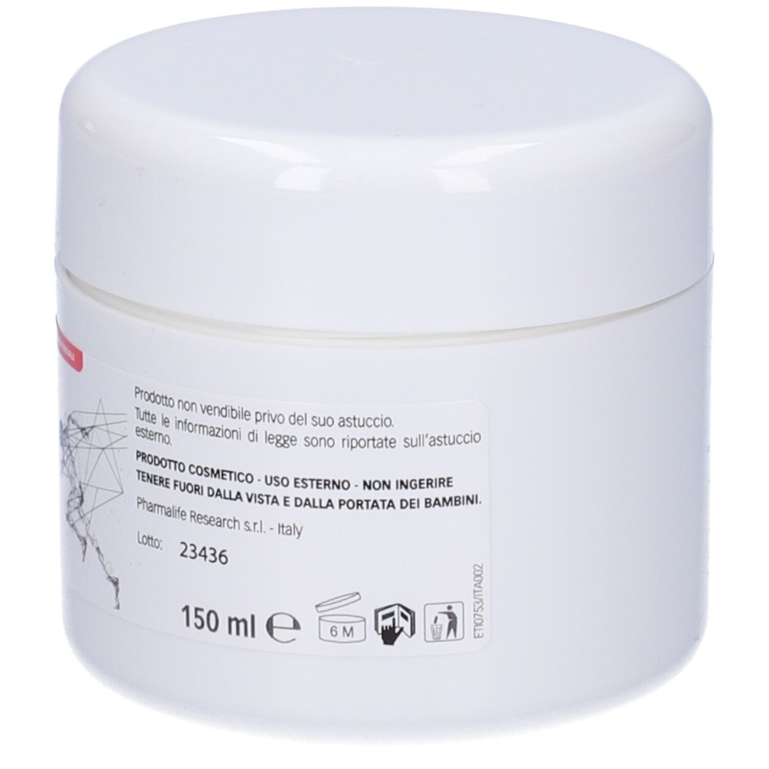 Vasetto bianco con testo. Produttore: Pharmalife Research. Prodotto cosmetico. 150 ml. Non per bambini. Simbolo 6M.