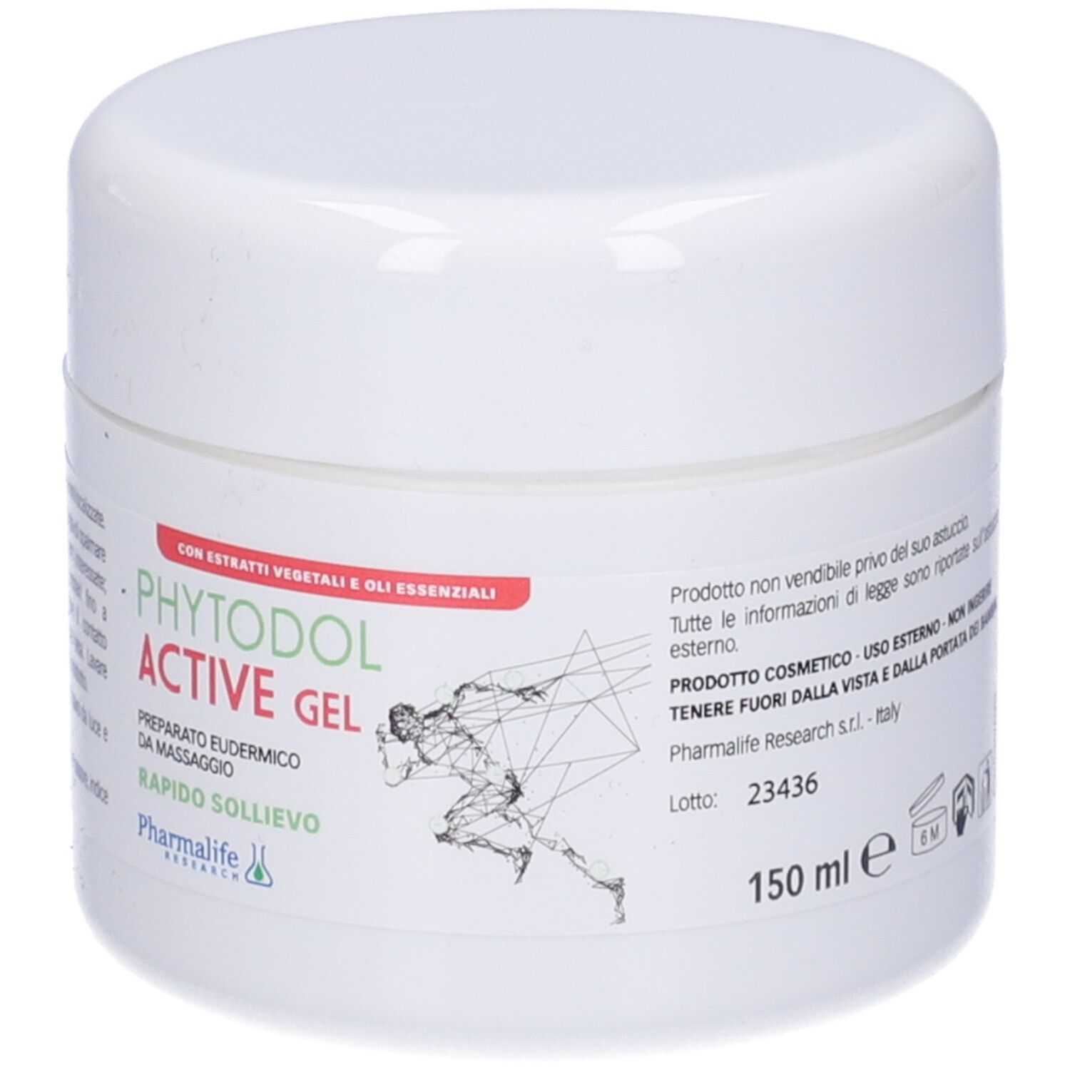 Vasetto bianco con scritta Phytodol Active Gel. Scritta con un corridore. 150 ml. Con estratti vegetali e oli essenziali.