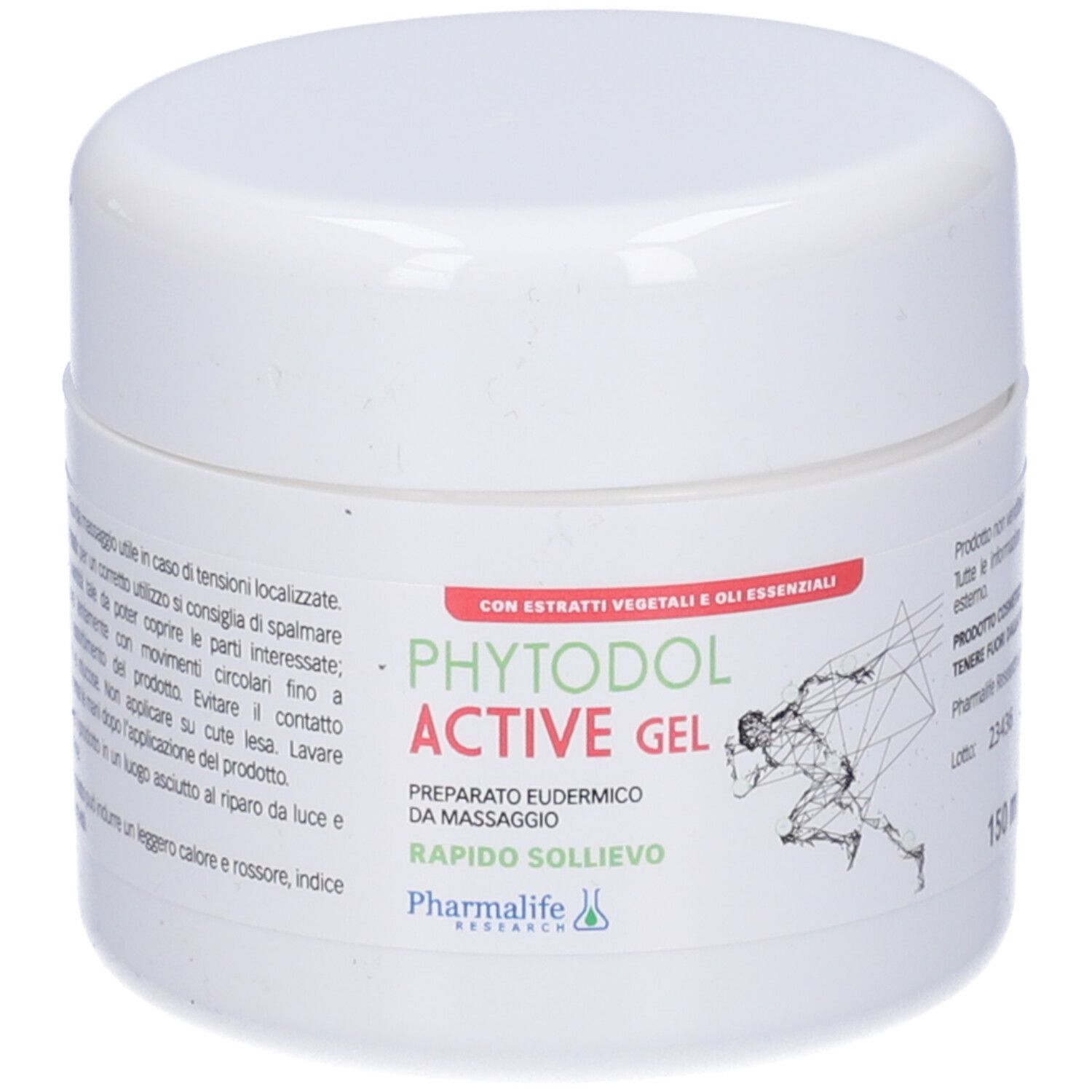 Vasetto bianco con scritta Phytodol Active Gel. Scritta con un corridore. 150 ml. Con estratti vegetali e oli essenziali.
