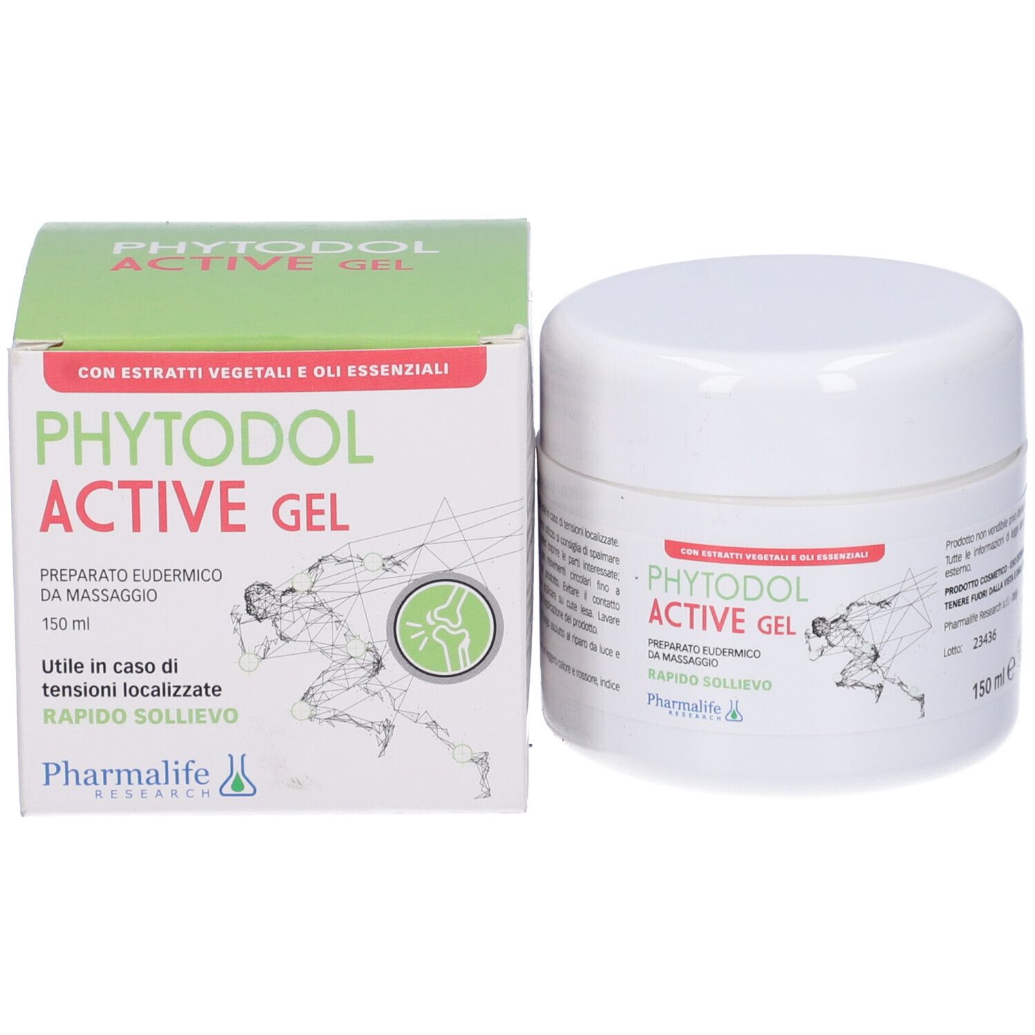 Vasetto bianco e scatola con scritta Phytodol Active Gel. Scritta con un corridore. 150 ml. Con estratti vegetali.