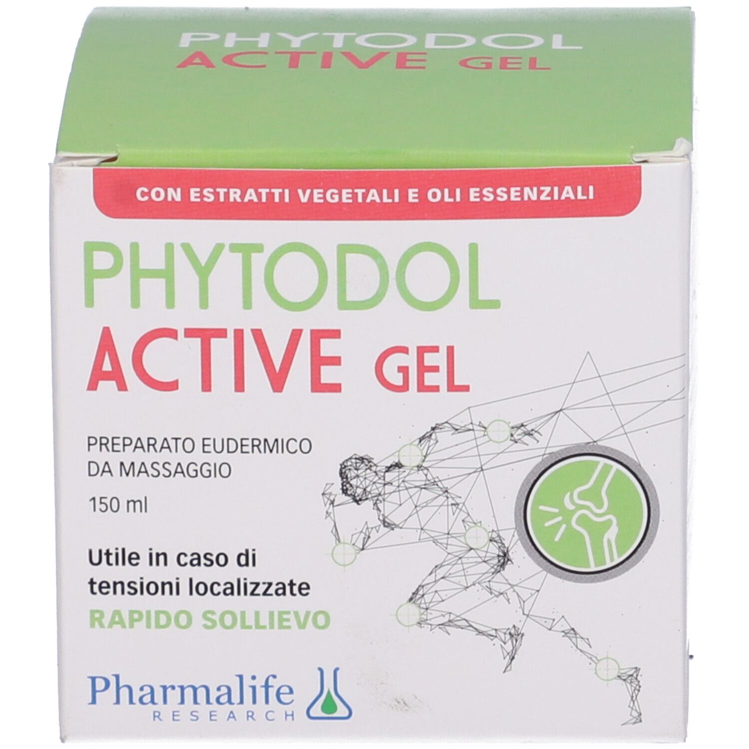 Scatola con scritta Phytodol Active Gel. Scritta con un corridore e un'articolazione. 150 ml. Con estratti vegetali.