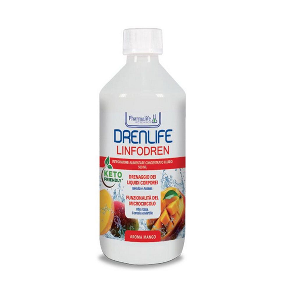 Bottiglia bianca con etichetta rossa. Scritta: Drenlife Linfodren. Aroma mango. Keto friendly.
