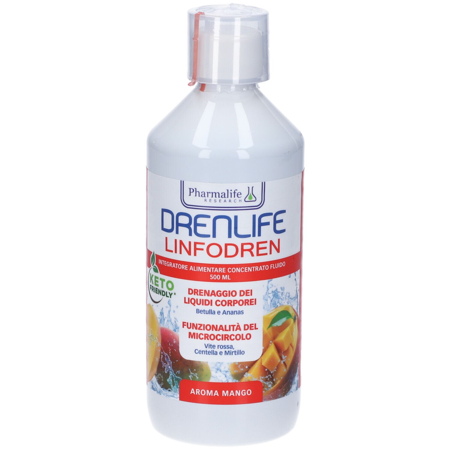 Bottiglia bianca con etichetta rossa. Scritta: Drenlife Linfodren. 500 ml. Keto friendly. Aroma mango.
