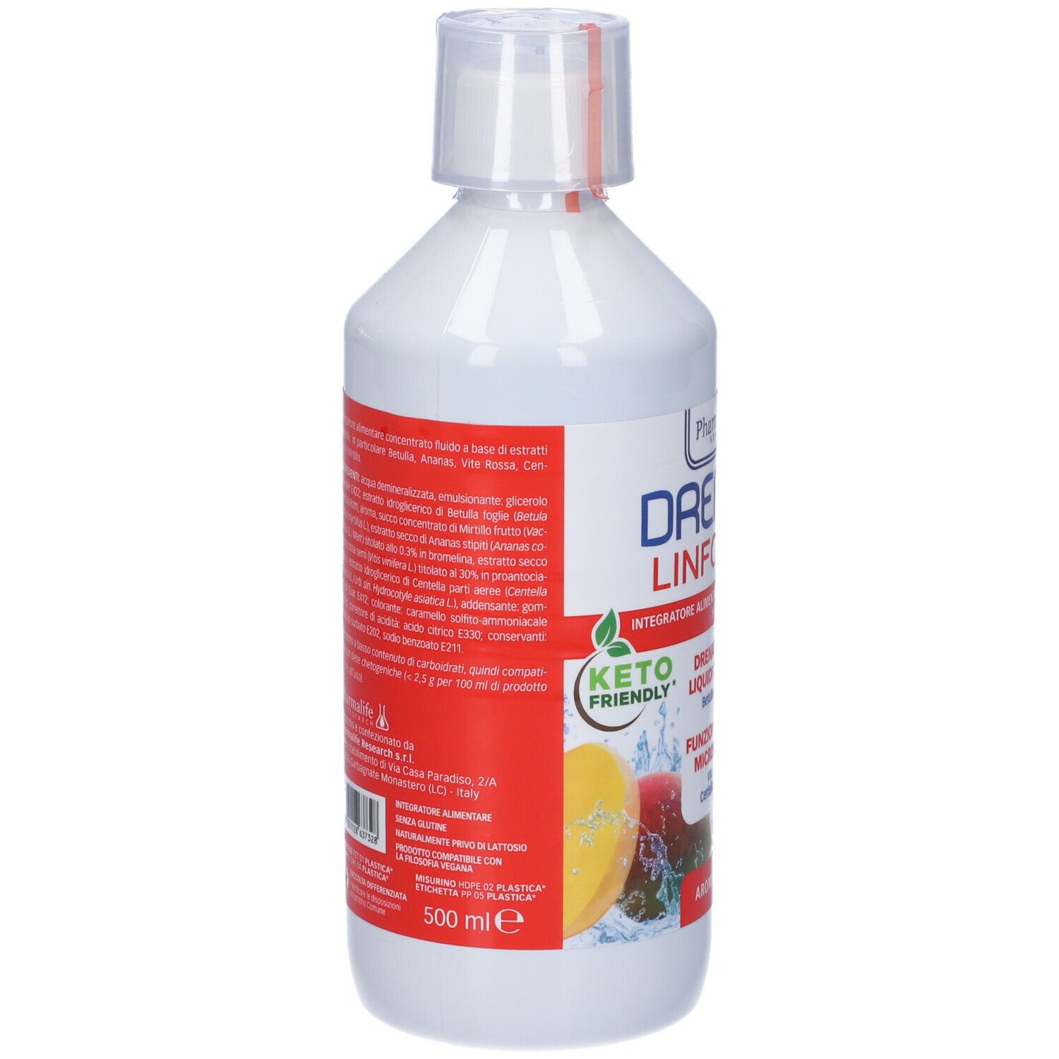 Bottiglia bianca con etichetta rossa. Scritta: Drenlife Linfodren. 500 ml. Keto friendly. Retro con testo.