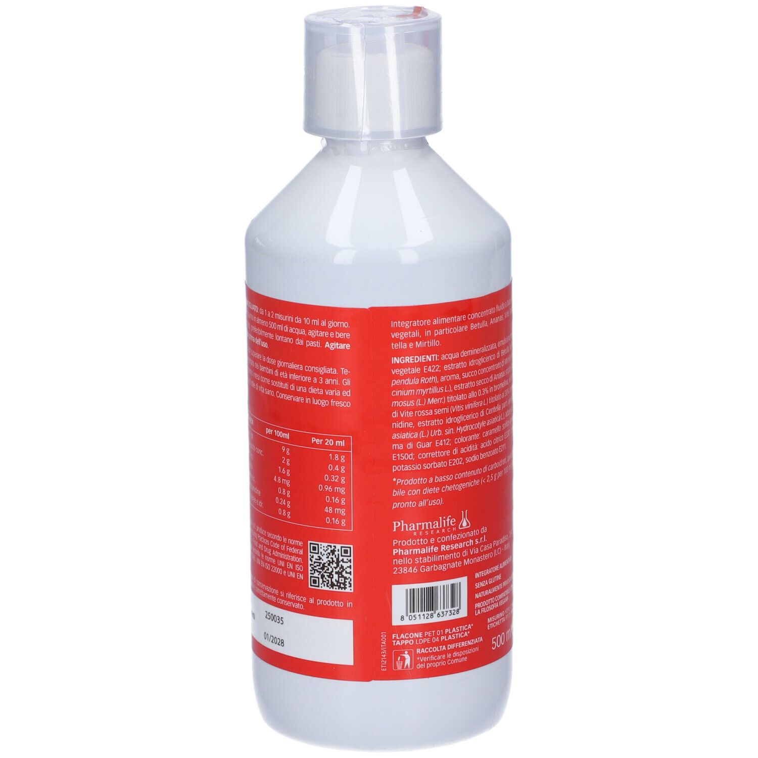 Bottiglia bianca con etichetta rossa. Scritta: Drenlife Linfodren. 500 ml. Retro con testo e valori nutrizionali.