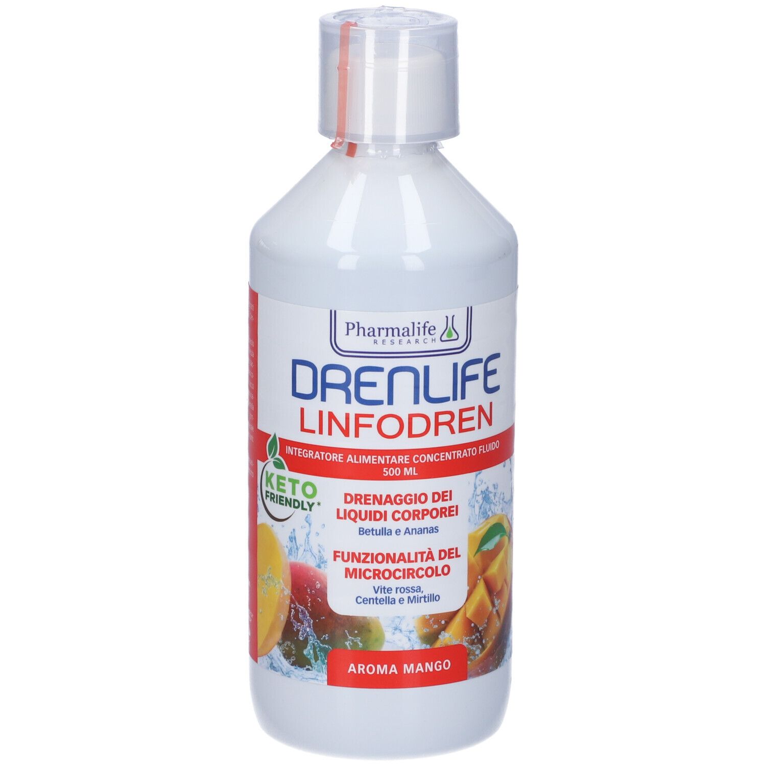 Bottiglia bianca con etichetta rossa. Scritta: Drenlife Linfodren. 500 ml. Keto friendly. Aroma mango.