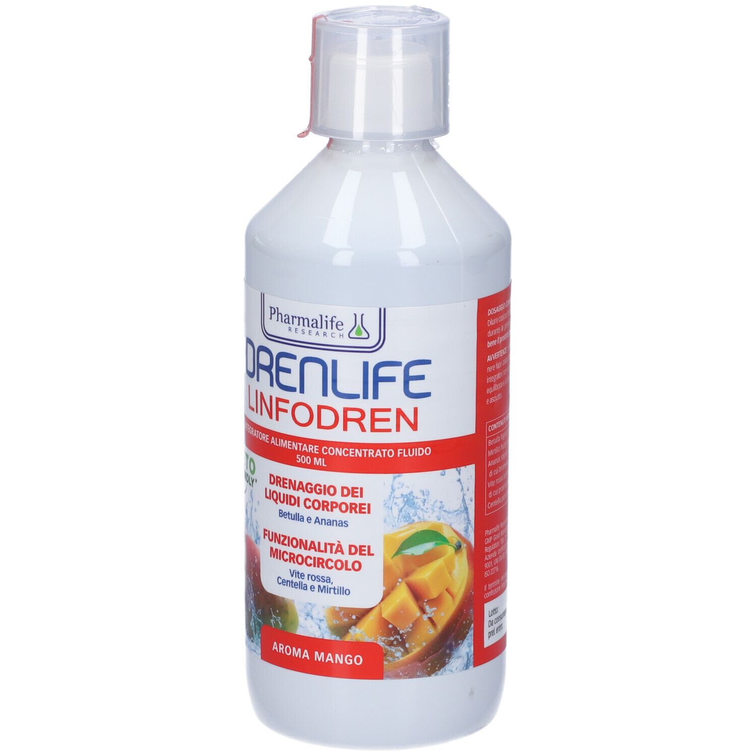 Bottiglia bianca con etichetta rossa. Scritta: Drenlife Linfodren. 500 ml. Keto friendly. Aroma mango.