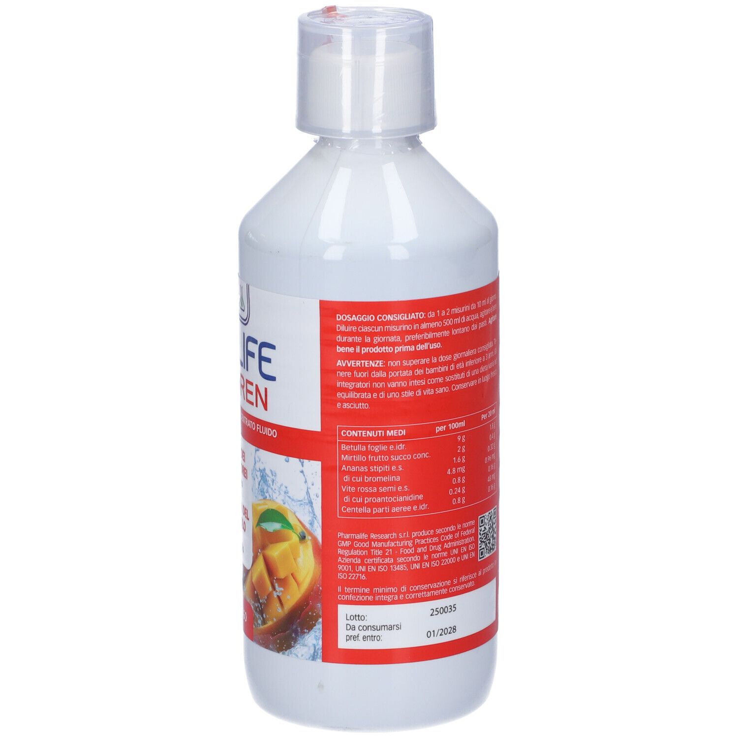 Bottiglia bianca con etichetta rossa. Scritta: Drenlife Linfodren. 500 ml. Retro con testo e valori nutrizionali.