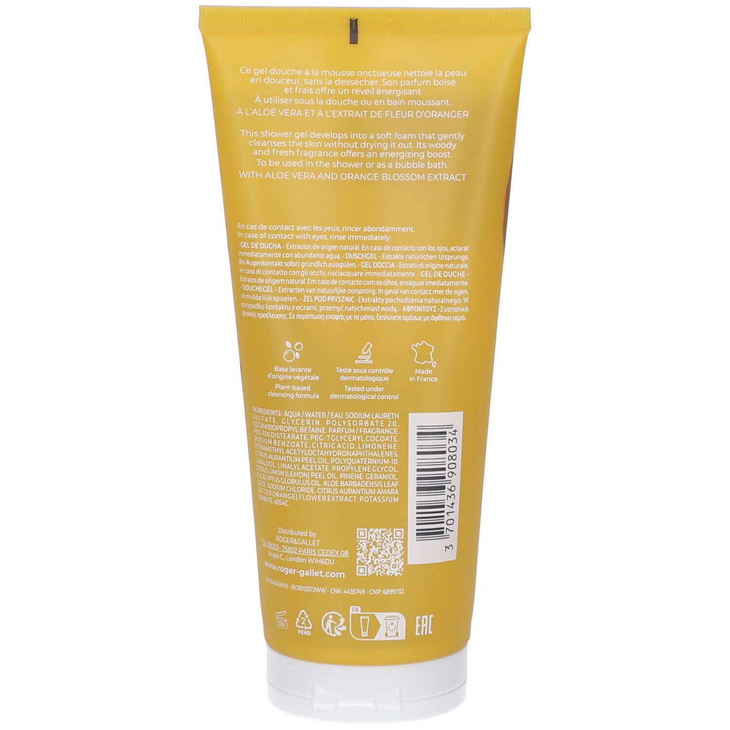 Retro del tubo giallo. Testo e loghi. Ingredienti, informazioni produttore. Testo multilingue. Codice QR e simboli di riciclaggio.