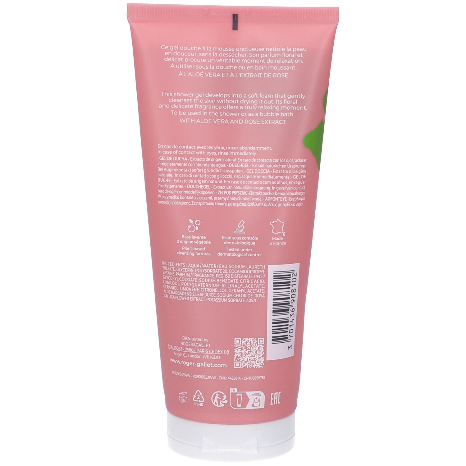 Retro del tubo rosa. Testo: ingredienti, aloe vera, estratto di rosa, simbolo di riciclo, Made in France.