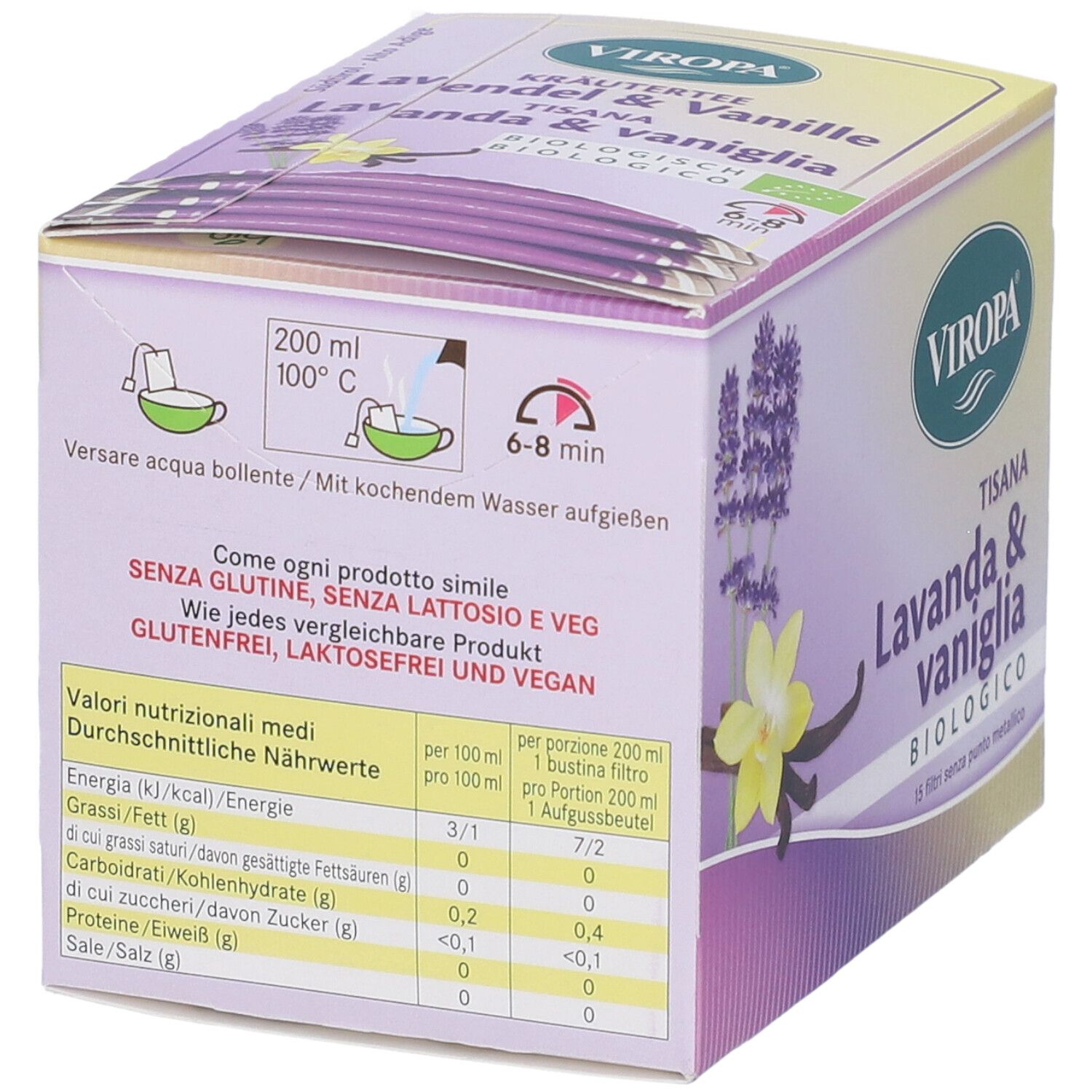 Confezione con informazioni nutrizionali e istruzioni per la preparazione. Scritte: VIROPA, Lavanda & vaniglia, biologico. Senza glutine, senza lattosio, vegano.
