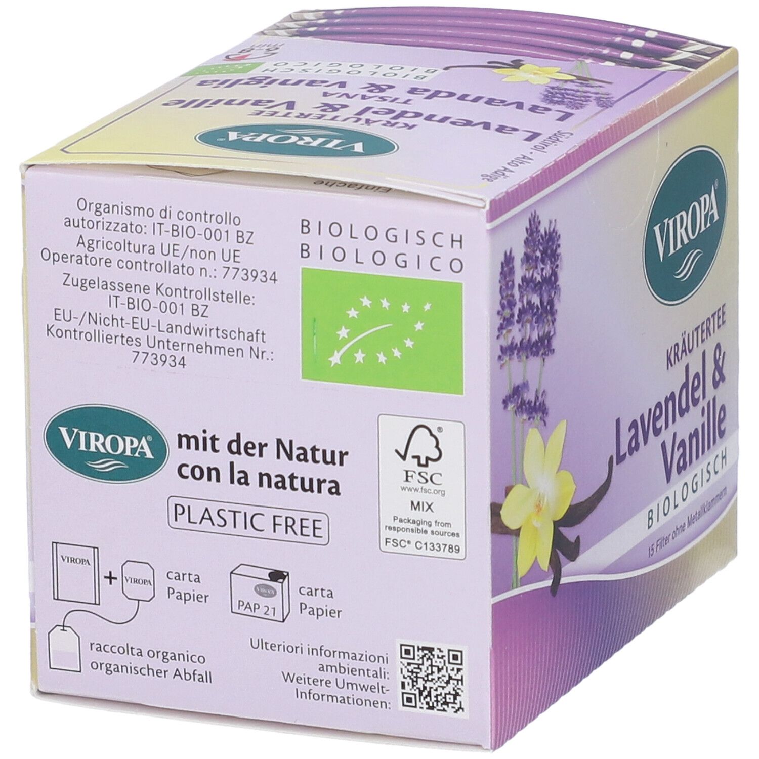 Retro della confezione con certificazioni e informazioni. Scritte: VIROPA, mit der Natur, plastic free, FSC Mix. Codice QR.