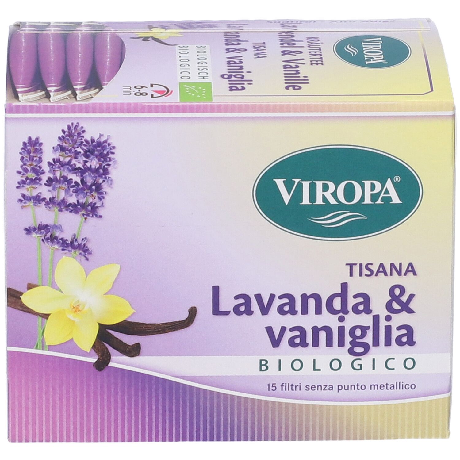 Confezione di filtri per tisana. Scritte: VIROPA, Tisana Lavanda & vaniglia, biologico, 15 filtri senza punto metallico. Immagine di lavanda e vaniglia.