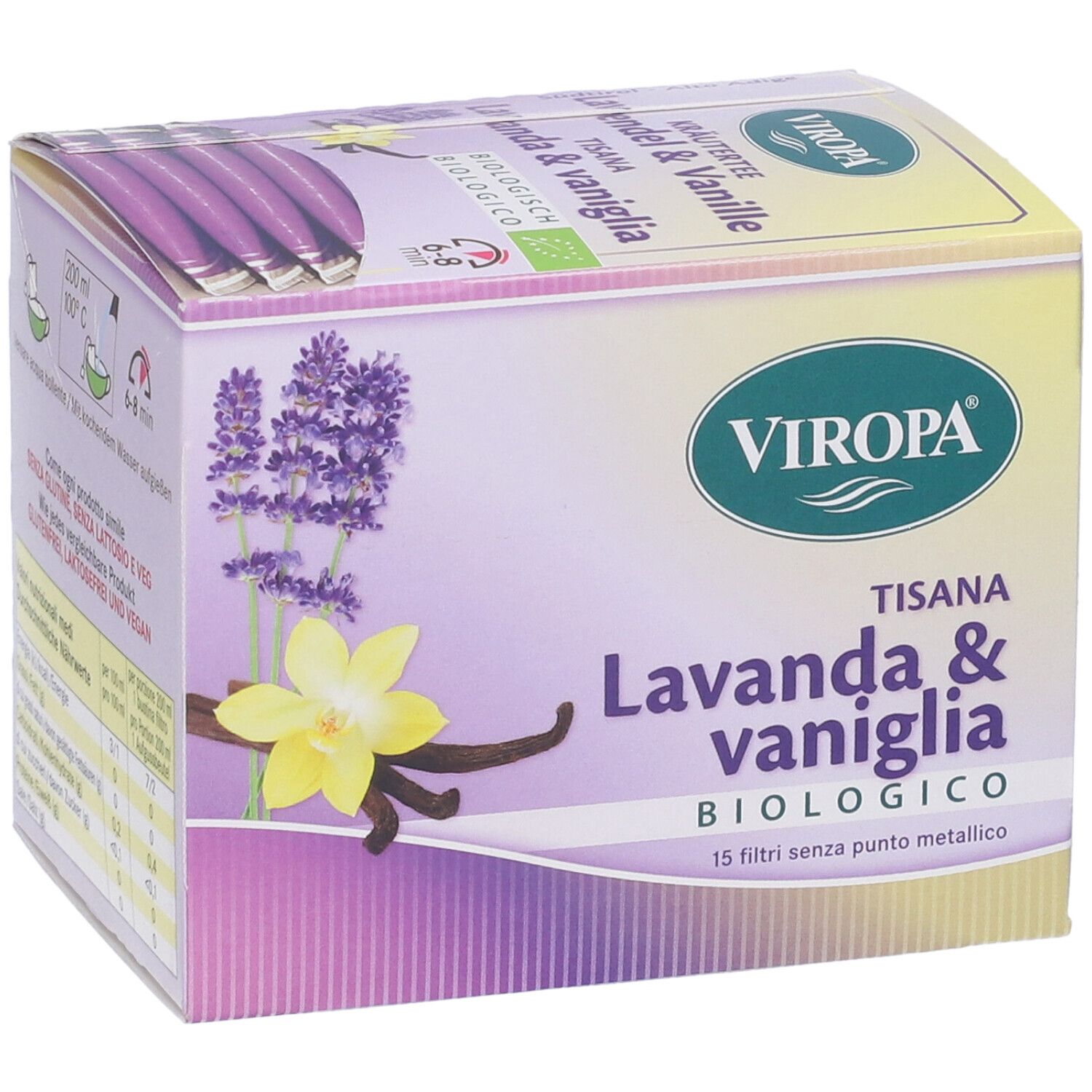 Confezione di filtri per tisana. Scritte: VIROPA, Tisana Lavanda & vaniglia, biologico, 15 filtri senza punto metallico. Immagine di lavanda e vaniglia.