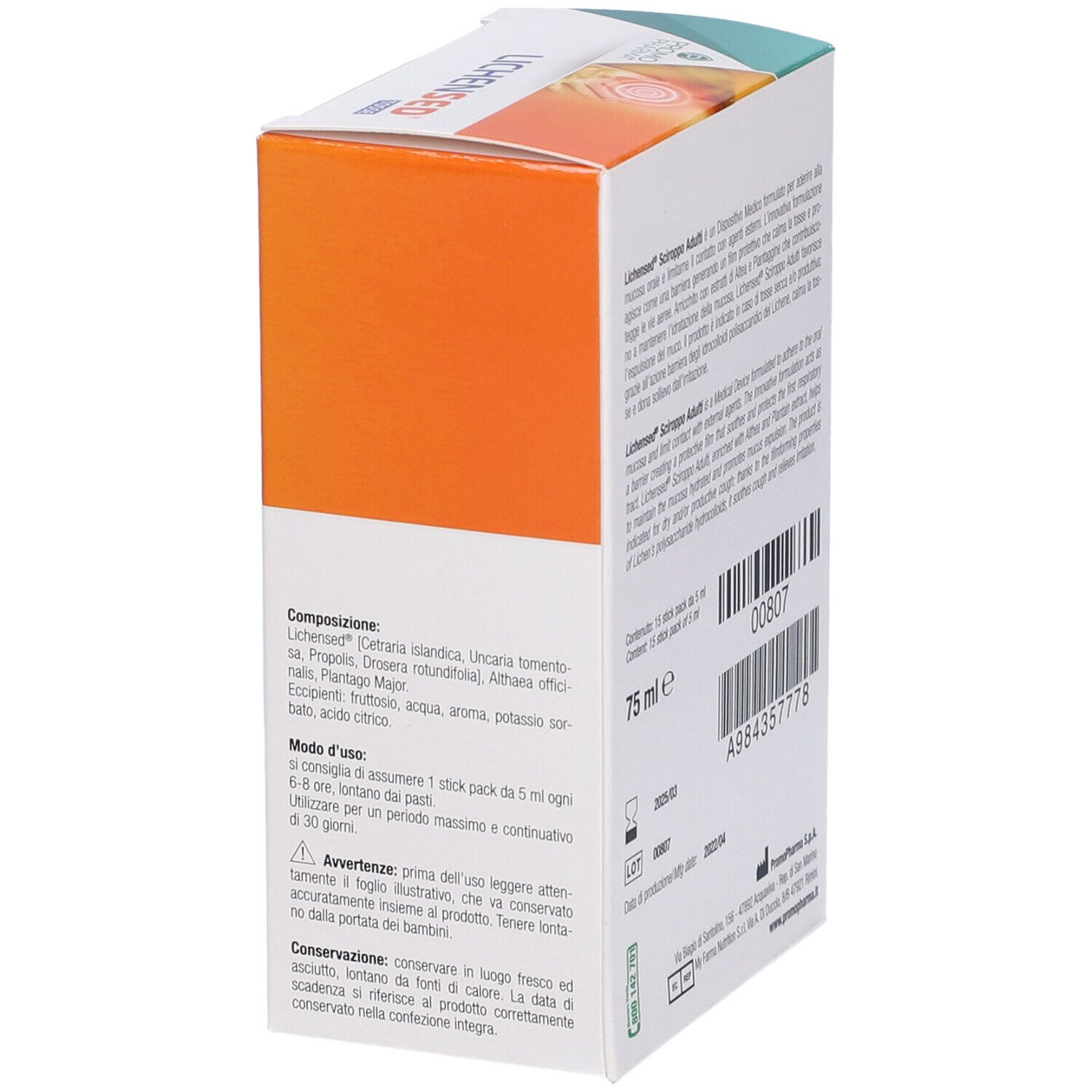 PromoPharma Lichensed Sciroppo Adulti Stick. Vista laterale della confezione con testo. 75 ml. Dispositivo medico.