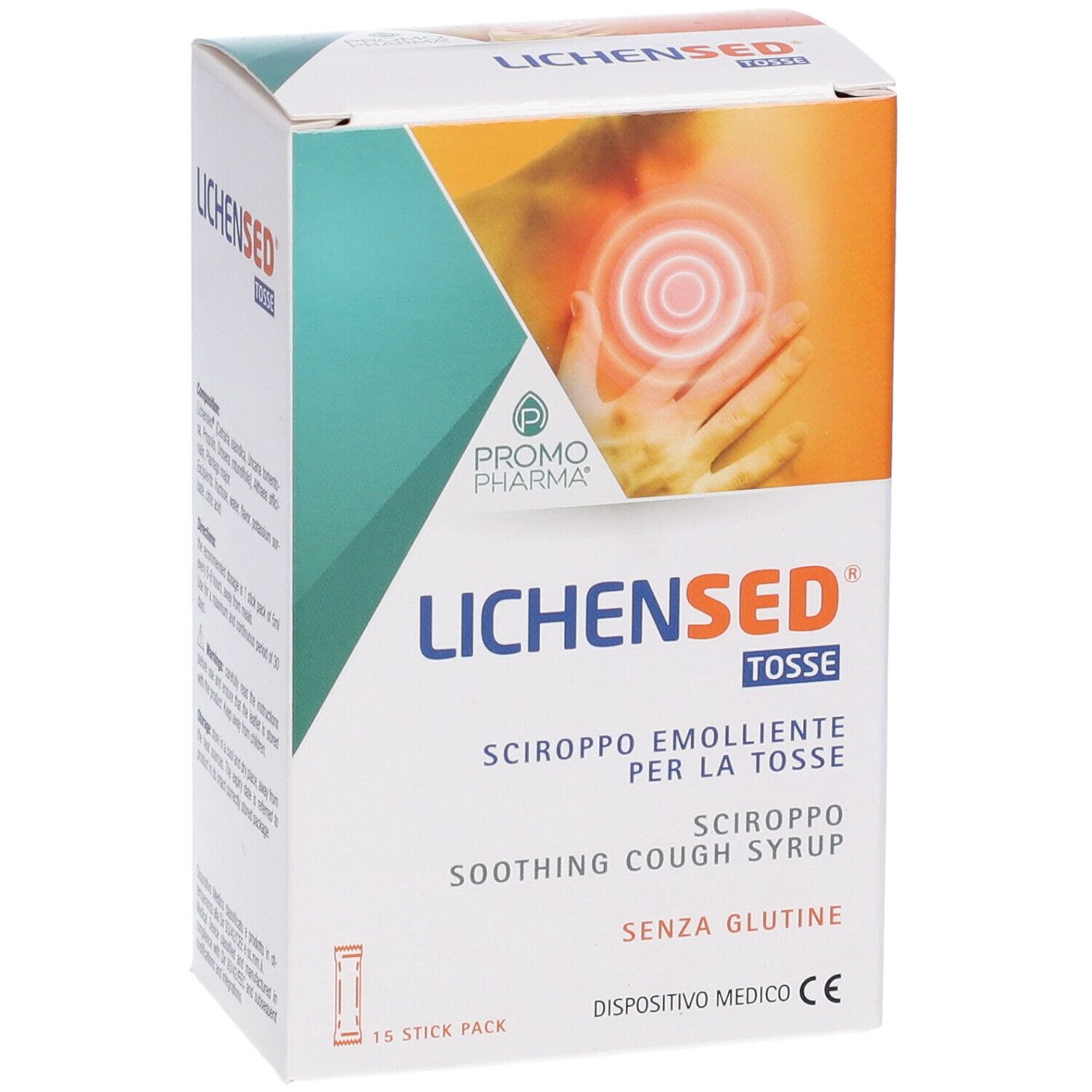 PromoPharma Lichensed Sciroppo Adulti Stick. Parte anteriore della confezione con immagine e testo. 15 stick. Dispositivo medico.