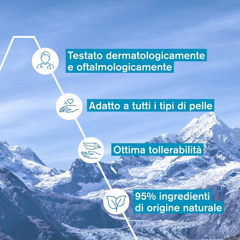 Grafica con testo. Testato dermatologicamente e oftalmologicamente. Adatto a tutti i tipi di pelle. Ottima tollerabilità.