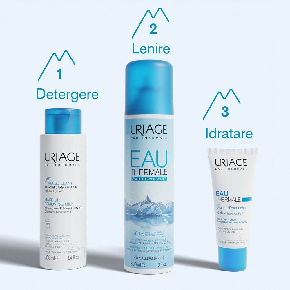 Tre prodotti. 1. Detergere. 2. Lenire. 3. Idratare. Tutti i prodotti sono di Uriage.