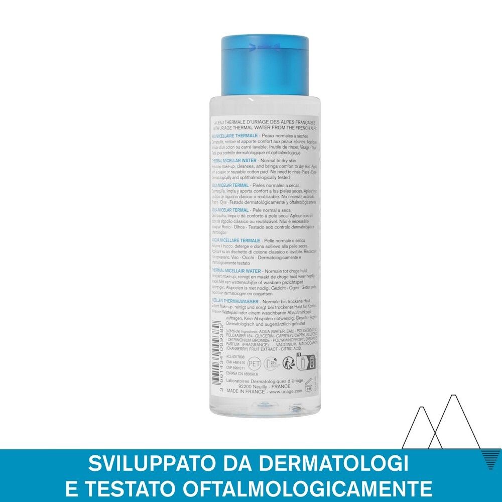 Retro del flacone di acqua micellare Uriage. Testo multilingue. Testato dermatologicamente e oftalmologicamente.