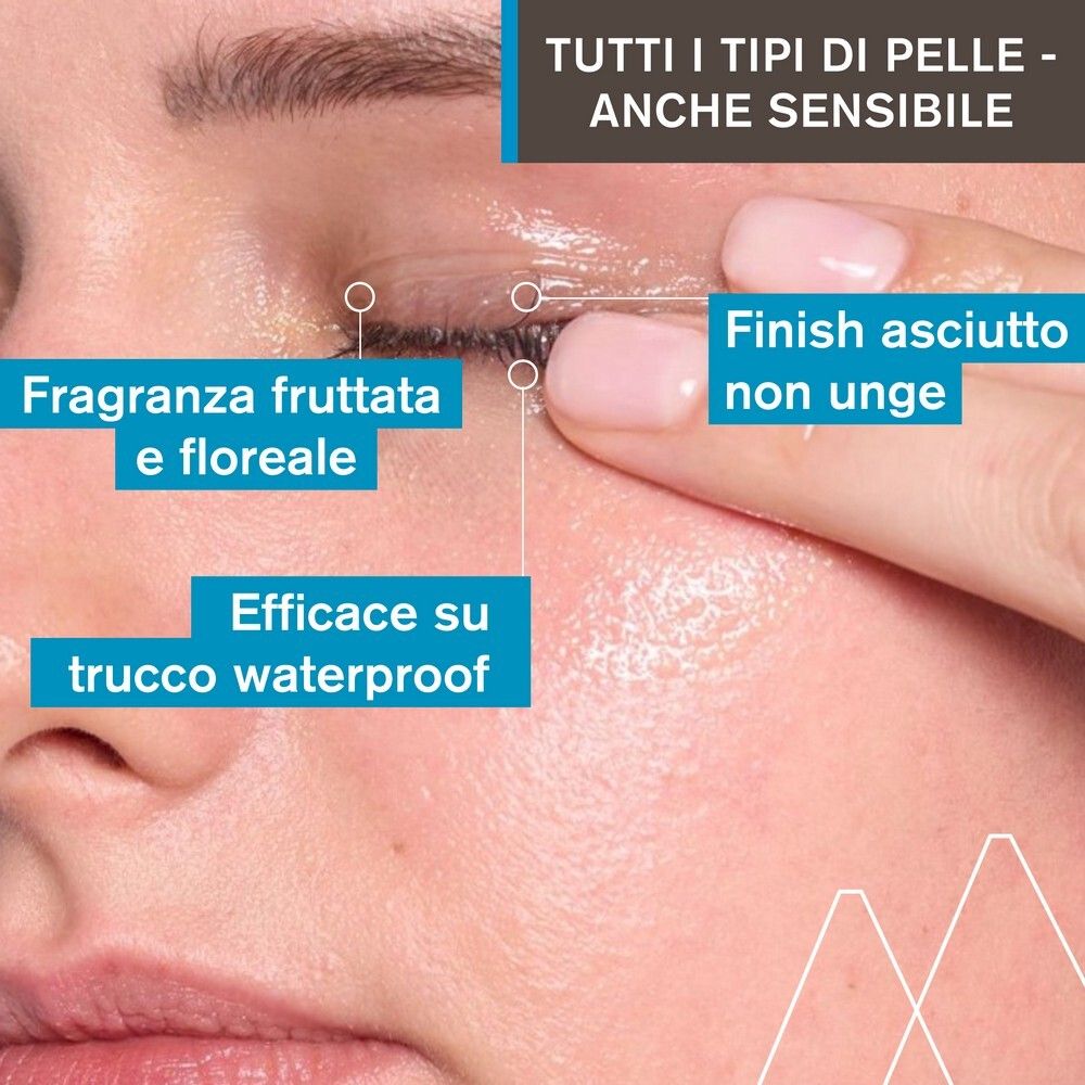 Primo piano di un occhio. Testo: Fragranza fruttata e floreale, efficace sul trucco waterproof.