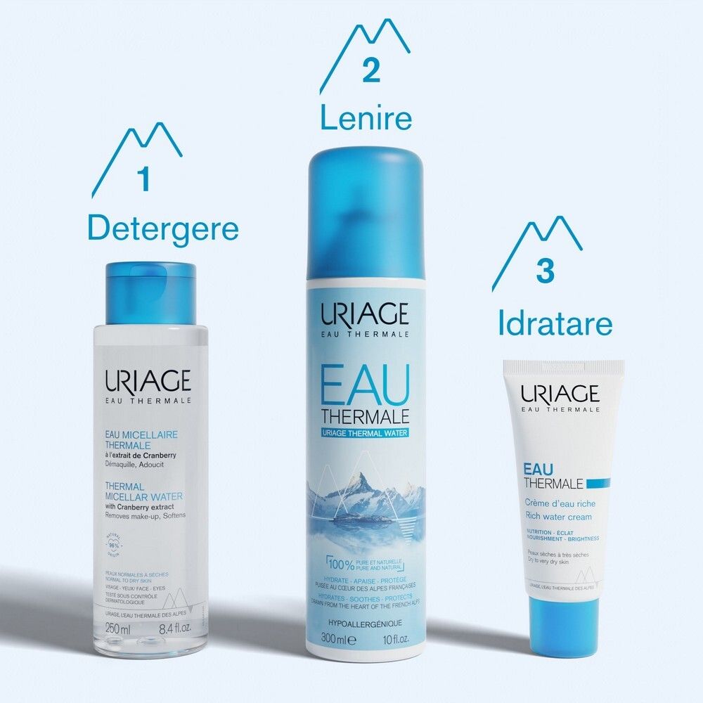 Prodotti Uriage: Acqua micellare, spray acqua termale, crema. Per detergere, lenire e idratare.