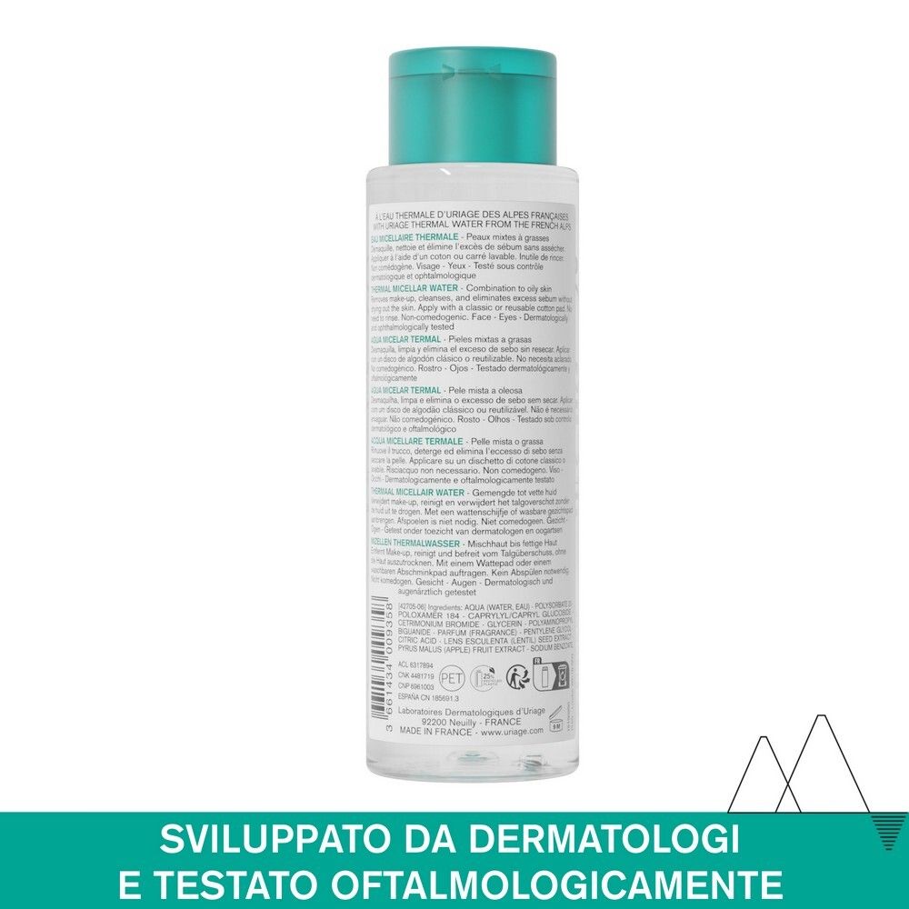 Retro del flacone Uriage Eau Thermale. Testo multilingue. Testato dermatologicamente.