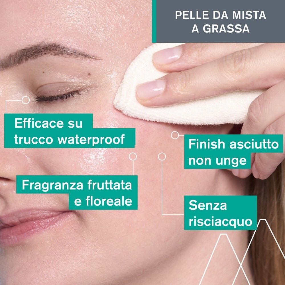 Viso con dischetto di cotone. Testo: Efficace su trucco waterproof, fragranza fruttata, non unge, senza risciacquo.