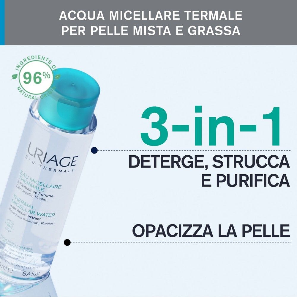 Flacone Uriage Eau Thermale. Testo: 3-in-1: Deterge, strucca, purifica. Opacizza la pelle.