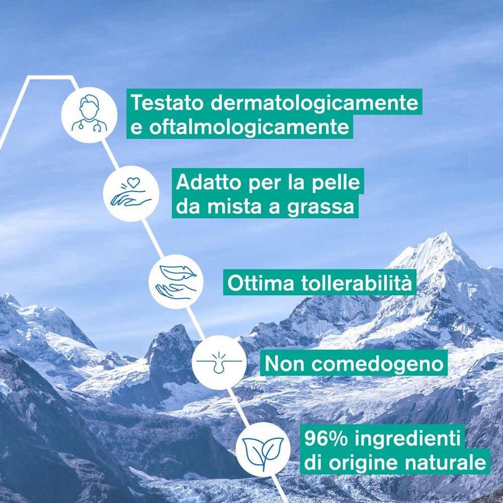 Testo: Testato dermatologicamente e oftalmologicamente. Adatto per pelli miste. 96% ingredienti naturali.