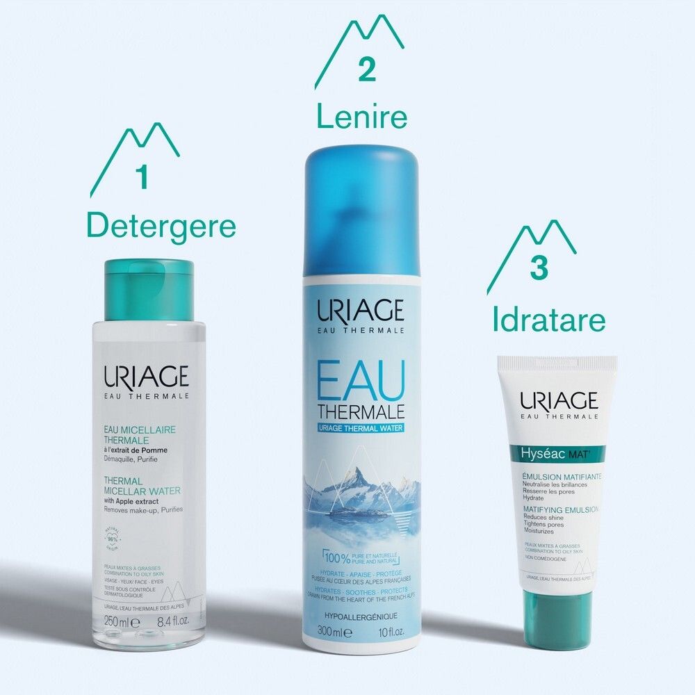 Tre prodotti Uriage. 1: Detergere. 2: Lenire. 3: Idratare. Eau Thermale, Hyséac Mat.