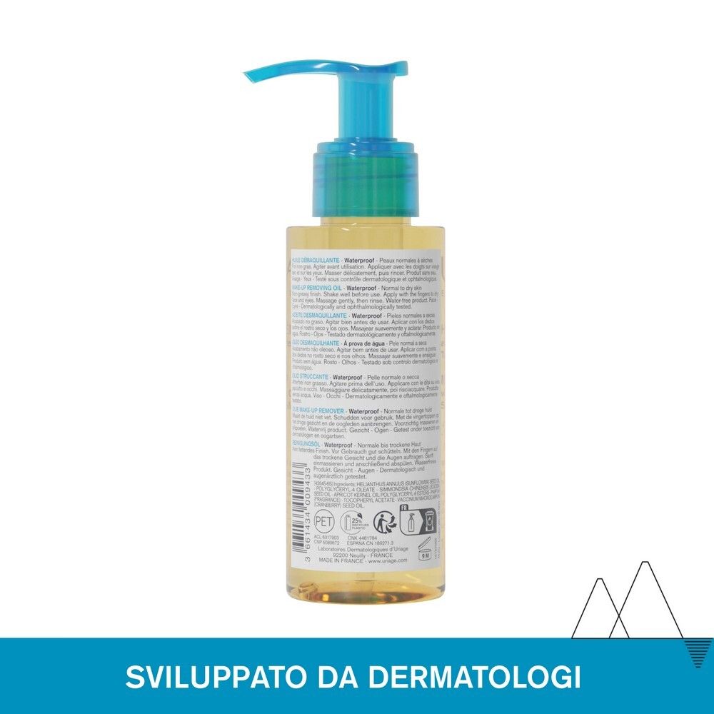 Retro del flacone d'olio con testo. Scritta: Sviluppato da Dermatologi. Contiene informazioni e simboli.