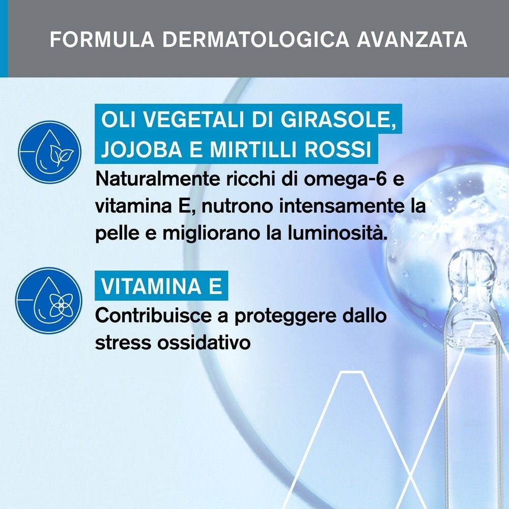 Primo piano con ingredienti. Oli di girasole, jojoba e mirtilli rossi. Vitamina E. Testato dermatologicamente.