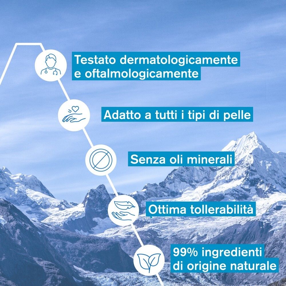 Grafica con simboli. Testato dermatologicamente, adatto a tutti i tipi di pelle, senza oli minerali, ottima tollerabilità, 99% ingredienti naturali.