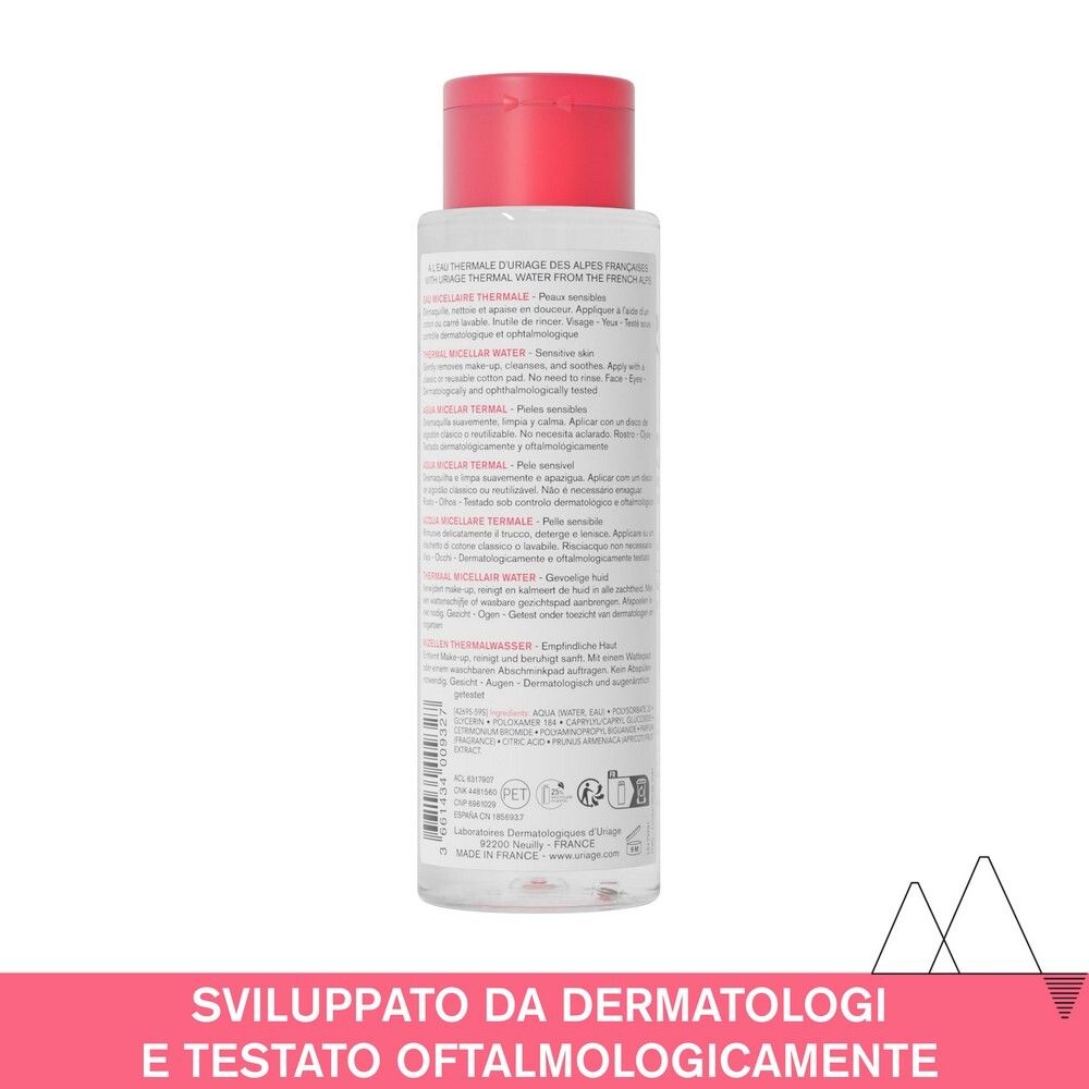 Retro del flacone di acqua micellare Uriage. Testo multilingue. Dermatologicamente testato.