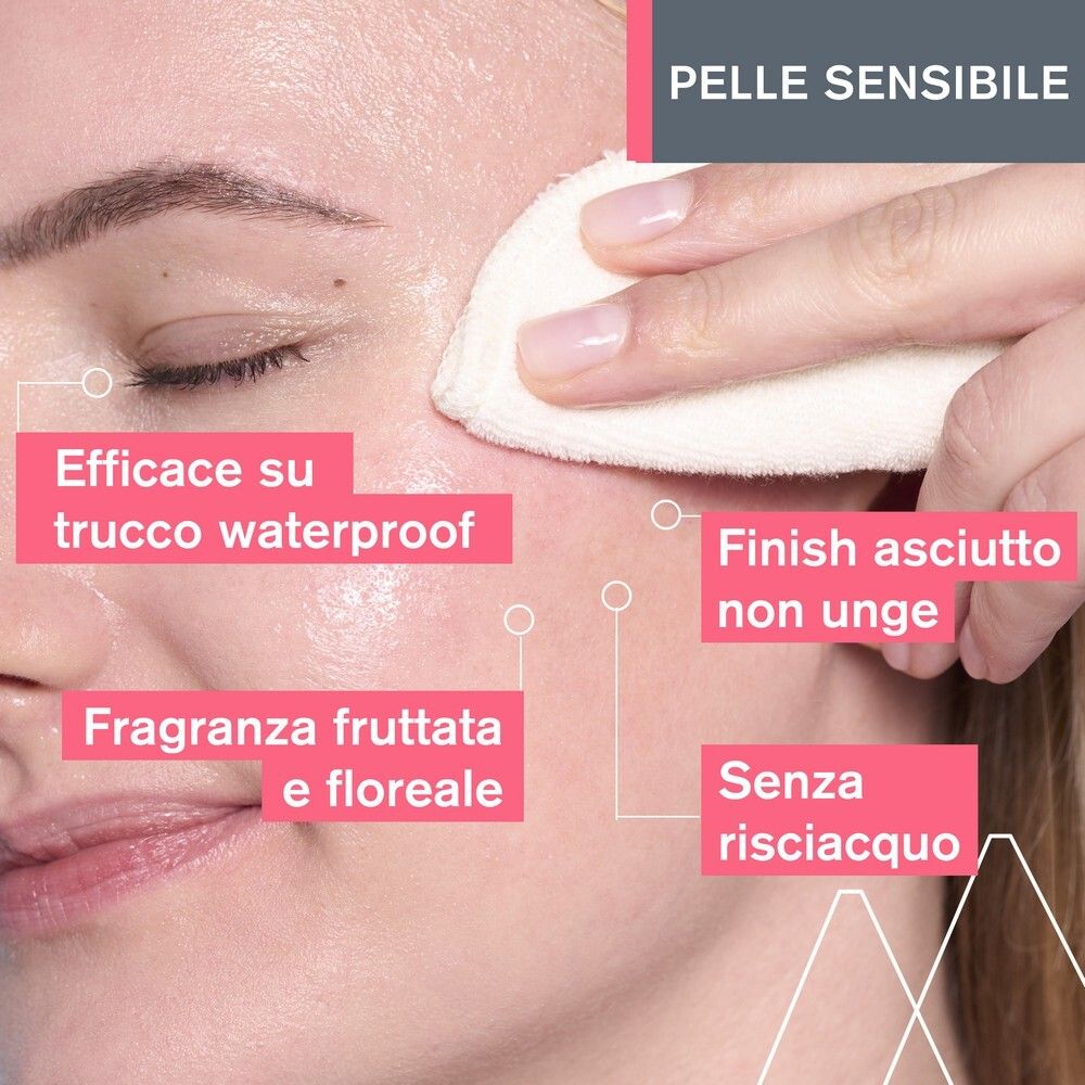 Viso con dischetto di cotone. Testi: efficace su trucco waterproof, profumo fruttato, non unge, senza risciacquo.