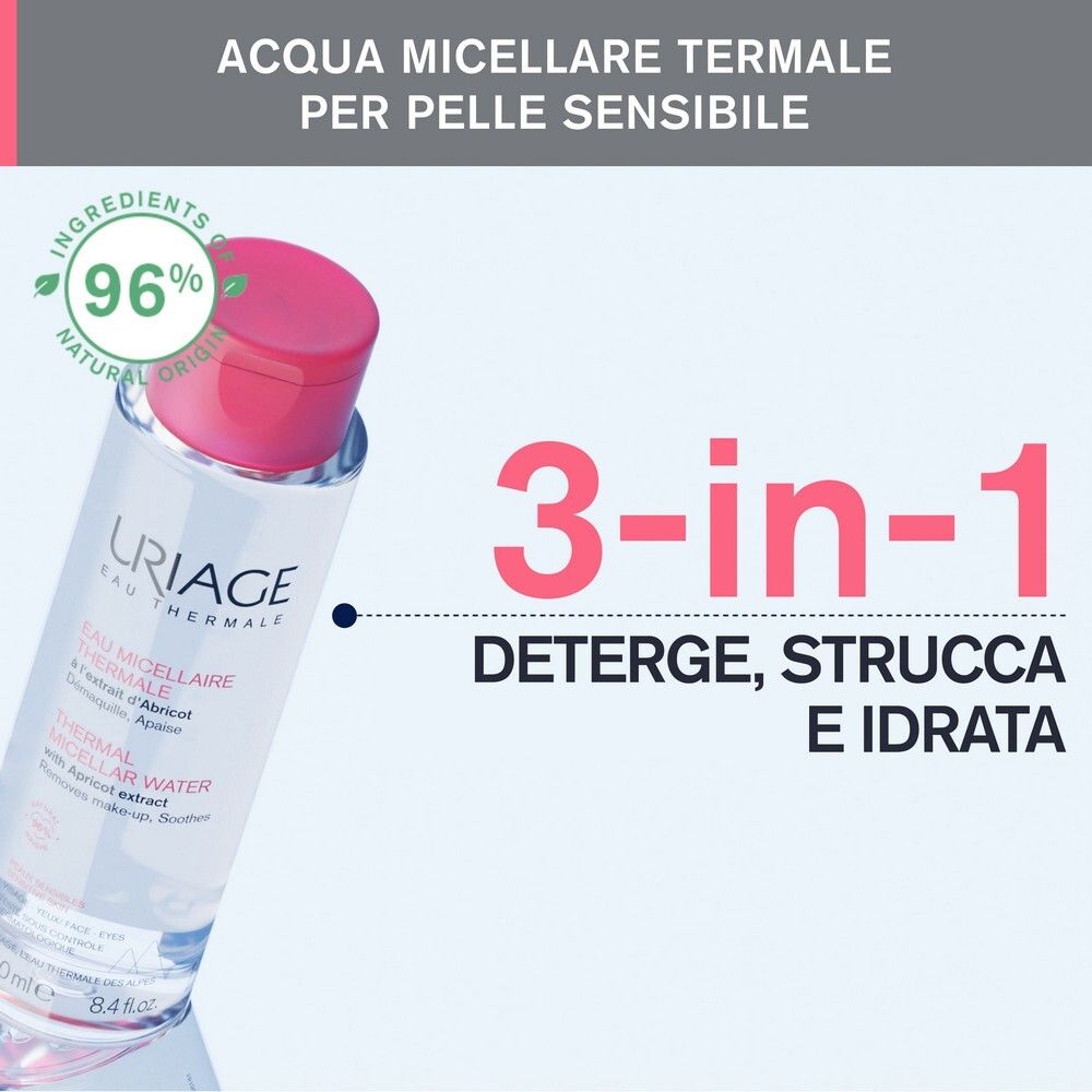 Flacone di acqua micellare Uriage. Testo: 3-in-1: deterge, strucca e idrata. Per pelli sensibili.