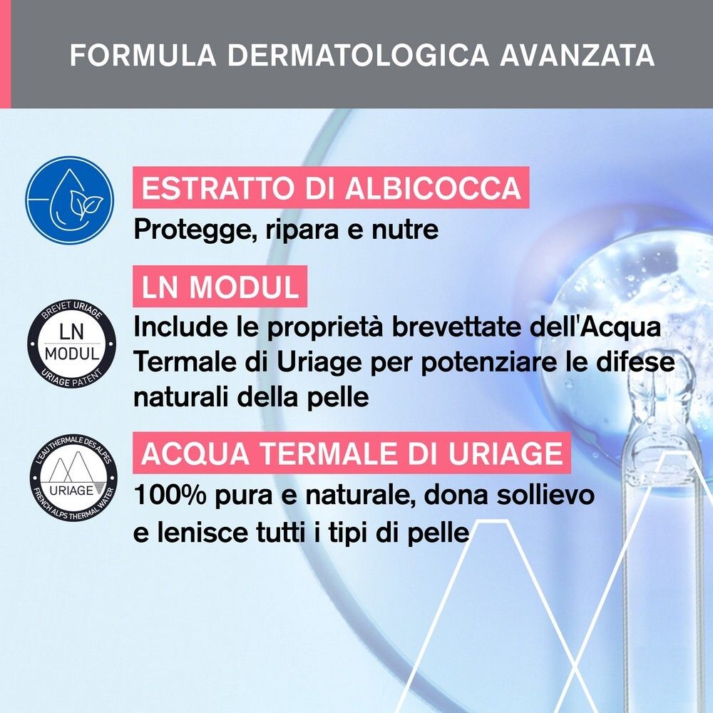 Grafica con ingredienti. Testi: estratto di albicocca, LN Modul, acqua termale Uriage. 96% ingredienti naturali.