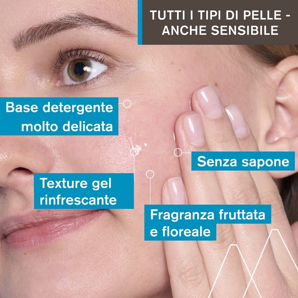 Primo piano di un viso. Testo: Base detergente molto delicata, Texture gel rinfrescante, Senza sapone, Fragranza fruttata e floreale.